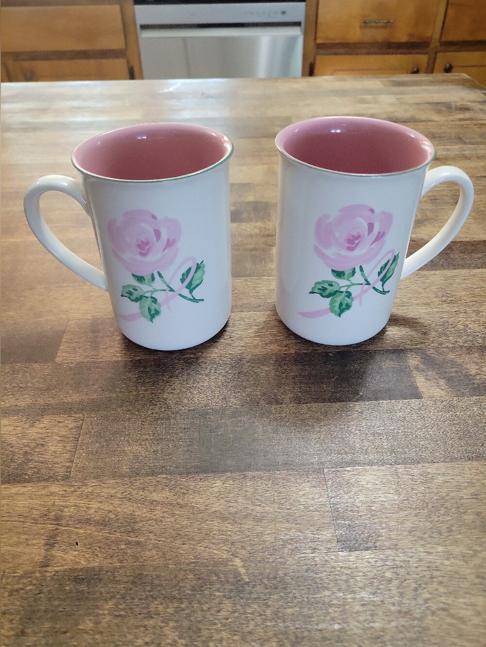 Avon Collectible Breast Cancer Awareness Pink Rose Ceramic Coffee Mugs Set of 2